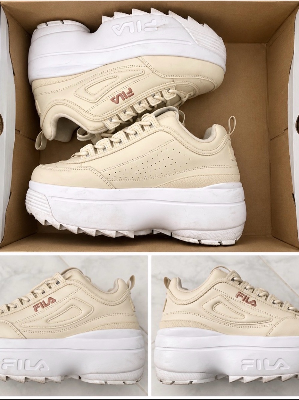 FILA Women's Platform Sneakers in Cream with White Sole Disruptors II
